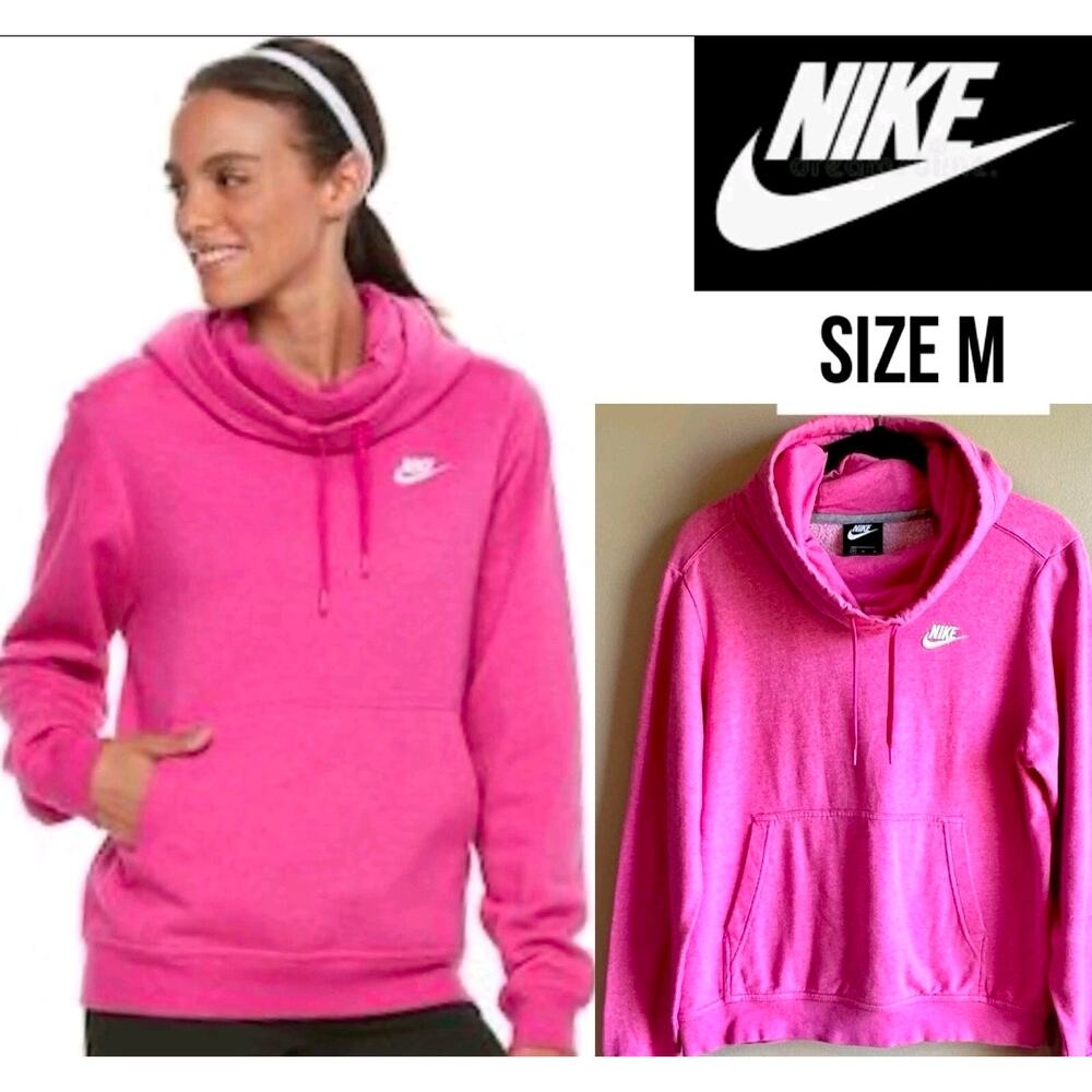 NIKE Hoodie Pullover Funnel Neck Hot Pink Logo Comfy Womens Medium Athleisure